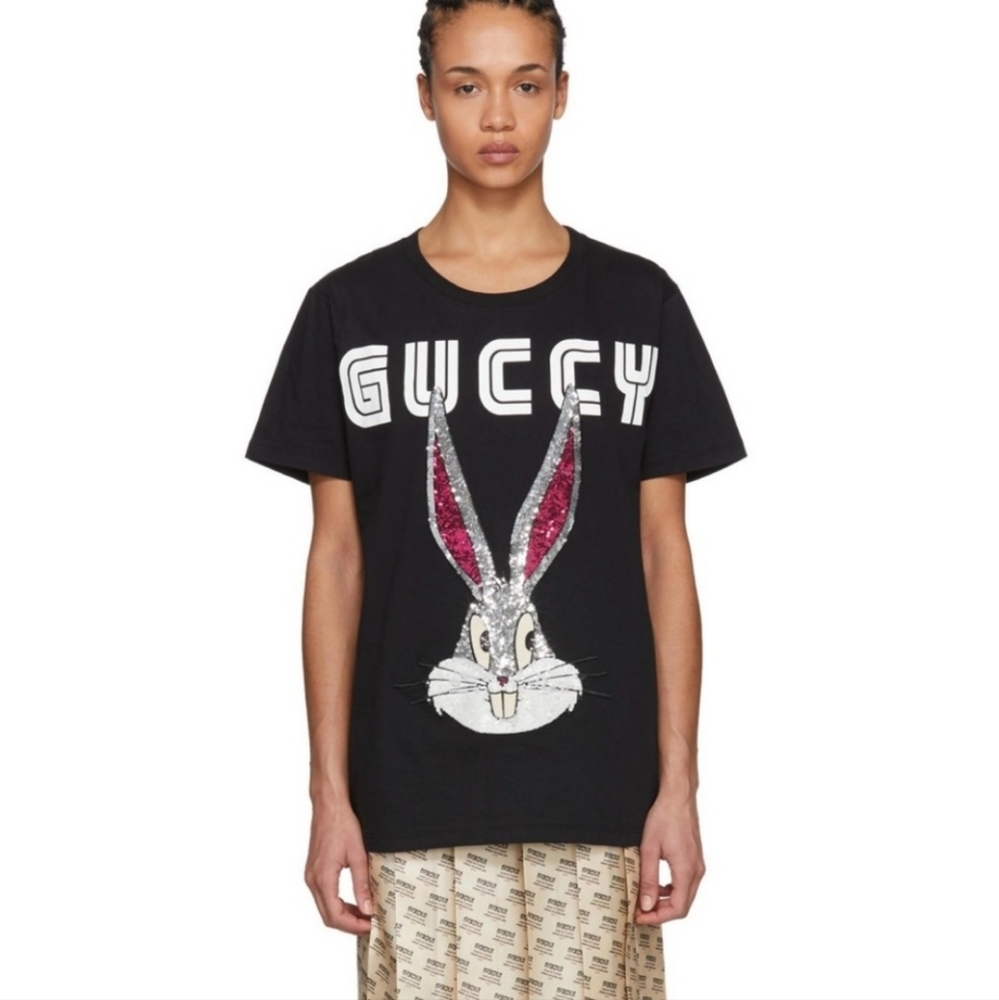 Gucci Black Embellished Bugs Bunny Cotton T-Shirt